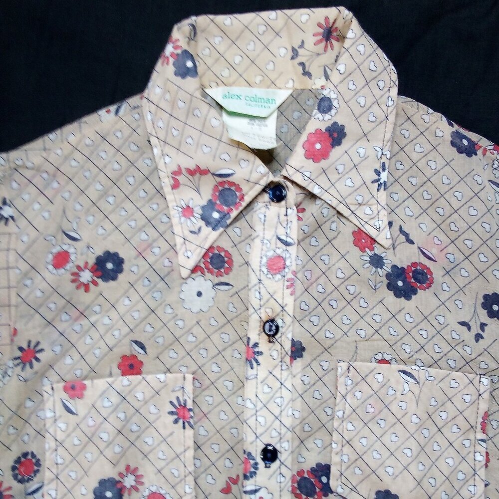 Vintage 70s Alex Colman Hearts Flowers Grid Pattern Button Shirt